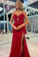 Long Mermaid Prom Dress with Sparkly Dark Red Beaded Corset and Spaghetti Straps Featuring a Slit