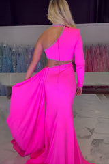 Long Fuchsia Prom Dress with Beading in One-Shoulder Mermaid Style and Cut-out Detail