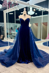 Long Navy Velvet Prom Dress with Beading Sweetheart Neckline & Mermaid Tulle Skirt