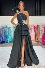 Long Black Satin Prom Dress with Beaded Ruffles and One Shoulder A-Line Design