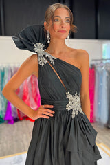 Long Black Satin Prom Dress with Beaded Ruffles and One Shoulder A-Line Design