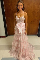 Princess Corset Prom Dress with Pink Spaghetti Straps Tulle Tiered Skirt and Bow Applique