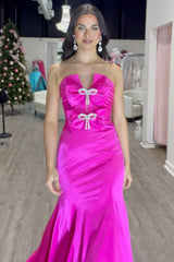Long Fuchsia Satin Prom Dress with Sweetheart Neckline and Mermaid Bow