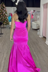Long Fuchsia Satin Prom Dress with Sweetheart Neckline and Mermaid Bow