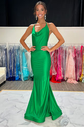 Long Backless Prom Dress in Green Satin with Halter Neck and Mermaid Style