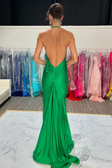 Long Backless Prom Dress in Green Satin with V Neck and Mermaid Style