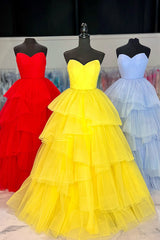 Long Tiered Prom Dress in Yellow Tulle for Sweetheart Princess