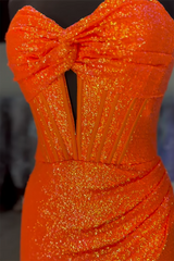Long Sequin Corset Prom Dress with Slit in Sparkly Orange Sweetheart Mermaid Style