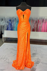 Long Sequin Corset Prom Dress with Slit in Sparkly Orange Sweetheart Mermaid Style