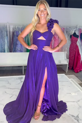 Long A Line Prom Dress in Purple with One Shoulder and Cut-out Slit