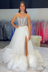 Long Corset Prom Dress in White Tulle with Sweetheart Princess Neckline and Slit