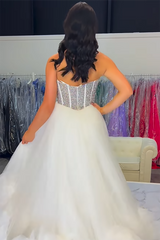 Long Corset Prom Dress in White Tulle with Sweetheart Princess Neckline and Slit