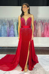 Long Velvet Prom Dress with Sparkly Red Beaded Sweetheart Mermaid Design and Slit