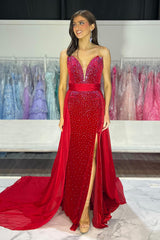 Long Velvet Prom Dress with Sparkly Red Beaded Sweetheart Mermaid Design and Slit