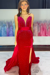 Long Velvet Prom Dress with Sparkly Red Beaded Sweetheart Mermaid Design and Slit