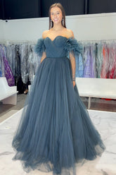 Princess Off-the-Shoulder Long Prom Dress in Grey Blue Tulle