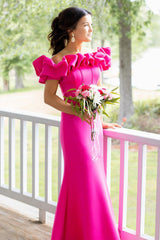 Long Satin Mermaid Corset Prom Dress in Fuchsia with Off-Shoulder Ruffles