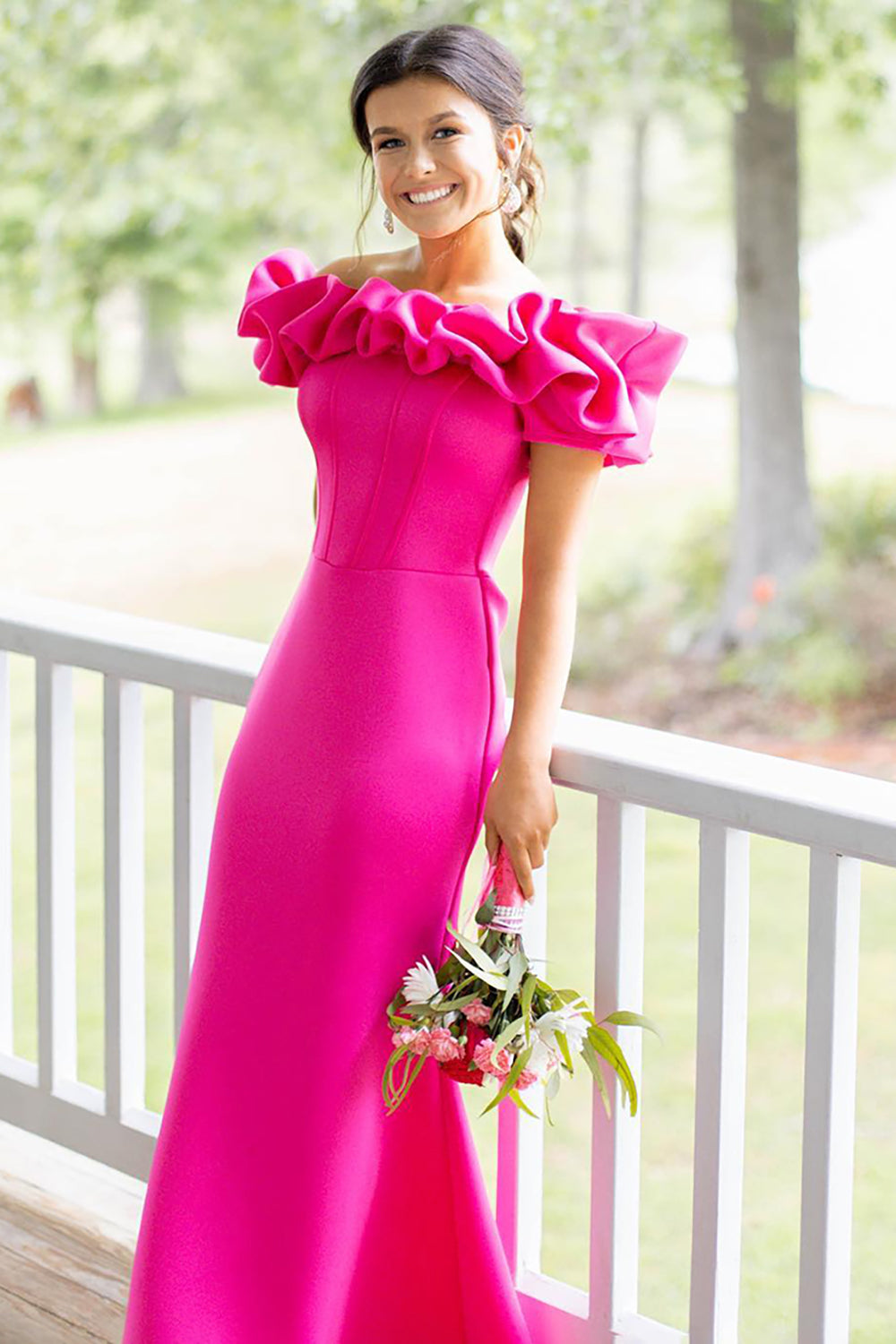 Long Satin Mermaid Corset Prom Dress in Fuchsia with Off-Shoulder Ruffles