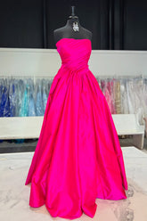 Long A-Line Satin Prom Dress in Fuchsia with Ruched Strapless Design