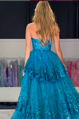 Sweetheart A-Line Long Prom Dress in Sparkly Turquoise with Tulle Applique Corset