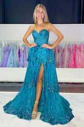 Sweetheart A-Line Long Prom Dress in Sparkly Turquoise with Tulle Applique Corset