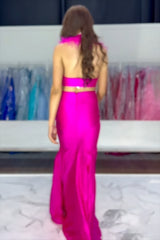 Long Fuchsia Mermaid Prom Dress in Satin with Halter Neck and Feather Two-Piece Set