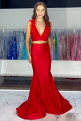 Long Fuchsia Mermaid Prom Dress in Satin with Halter Neck and Feather Two-Piece Set