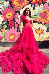 Long Fuchsia Corset Prom Dress with 3D Flowers in A-Line Tulle and One Shoulder