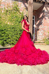 Long Fuchsia Corset Prom Dress with 3D Flowers in A-Line Tulle and One Shoulder