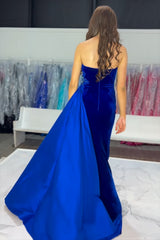Velvet Royal Blue Long Mermaid Prom Dress with Strapless Neckline and Slit