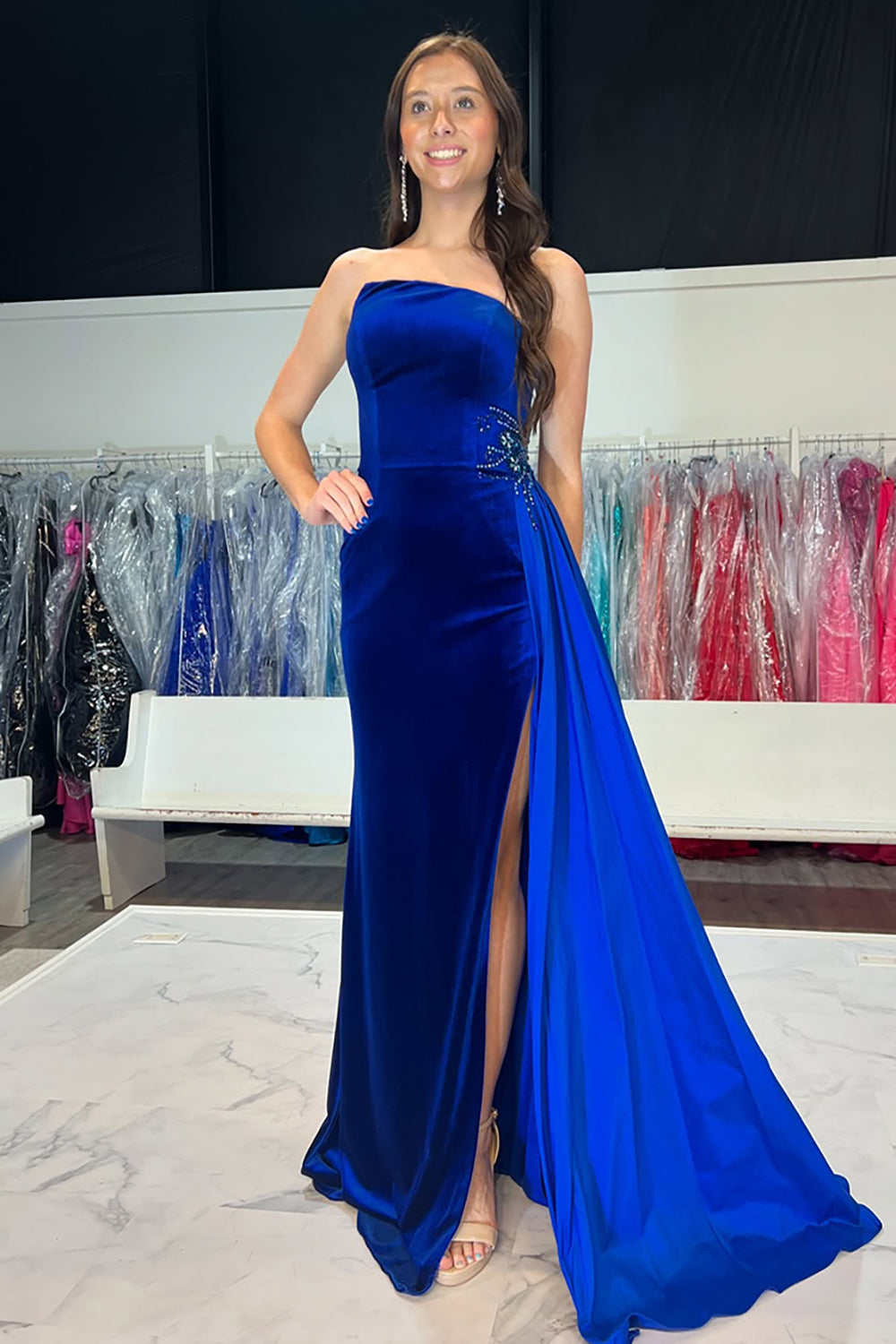 Velvet Royal Blue Long Mermaid Prom Dress with Strapless Neckline and Slit