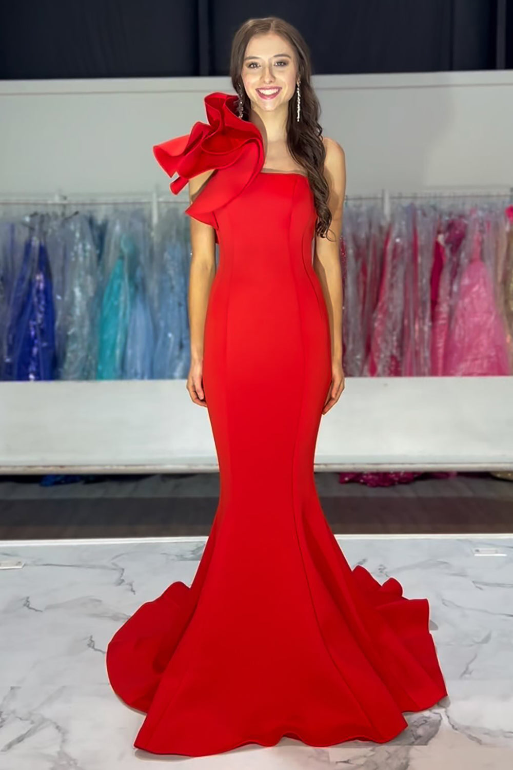 Long Satin Mermaid Prom Dress in Red with One Shoulder and Ruffles