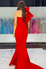 Long Satin Mermaid Prom Dress in Red with One Shoulder and Ruffles