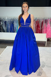 Long A-Line Prom Dress with Royal Blue Spaghetti Straps