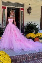 Long Corset Prom Dress in Pink with Off-the-Shoulder Princess Tulle