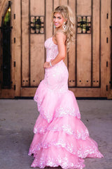 Long Corset Prom Dress in Pink with Spaghetti Straps Mermaid Tiered Tulle and Appliques