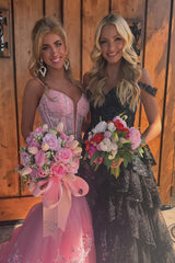 Long Corset Prom Dress in Pink with Spaghetti Straps Mermaid Tiered Tulle and Appliques