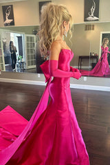 Long Fuchsia Sweetheart Mermaid Prom Dress in Satin with Bow (Gloves not Included)