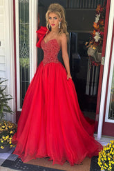 Long Red Prom Dress with Beading in Princess Tulle One Shoulder