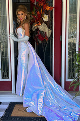 Long Metallic Mermaid Prom Dress in White with Spaghetti Straps and Slit (Gloves not Included)