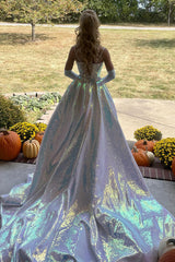 Long Metallic Mermaid Prom Dress in White with Spaghetti Straps and Slit (Gloves not Included)