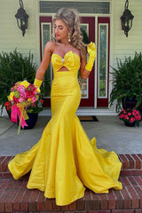 Long Satin Mermaid Prom Dress with Sweetheart Cut Out in Yellow (Gloves not Included)
