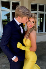 Long Satin Mermaid Prom Dress with Sweetheart Cut Out in Yellow (Gloves not Included)