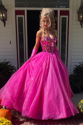 Long Fuchsia Princess Prom Dress with Sparkly Sweetheart Corset and Tulle Mirror Detail (Gloves Not Included)