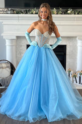 Sweetheart Princess Long Corset Prom Dress in Light Blue Tulle with Beading (Gloves not Included)