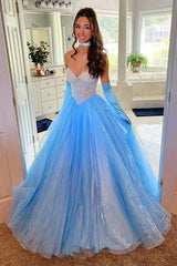 Sweetheart Princess Long Corset Prom Dress in Light Blue Tulle with Beading (Gloves not Included)