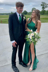Long One-Shoulder Emerald Green Mermaid Prom Dress with Beaded Cut-Out and Slit