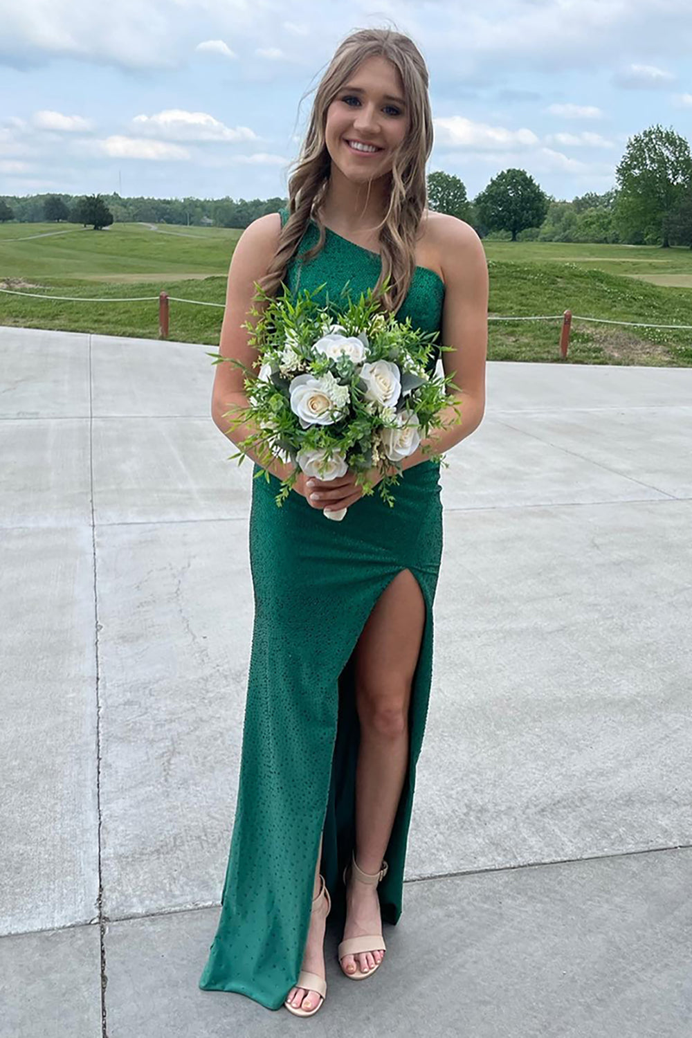 Long One-Shoulder Emerald Green Mermaid Prom Dress with Beaded Cut-Out and Slit