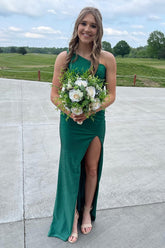 Long One-Shoulder Emerald Green Mermaid Prom Dress with Beaded Cut-Out and Slit