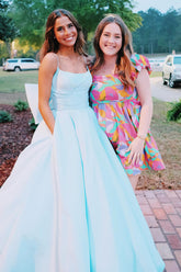 Satin Long Prom Dress in Light Blue with Spaghetti Straps A-Line Cut and Bow